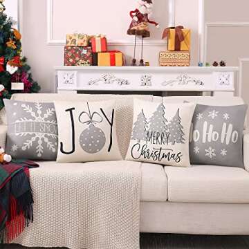 Jelomax Grey Christmas Throw Pillow Covers Decorative Xmas Gray Farmhouse Snowflake Joy Decorations 18x18 Inches Set of 4 Decor for Merry Christmas Winter Holiday Bed Home Couch Sofa Living Room