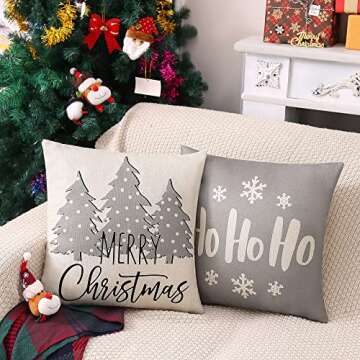 Jelomax Grey Christmas Throw Pillow Covers Decorative Xmas Gray Farmhouse Snowflake Joy Decorations 18x18 Inches Set of 4 Decor for Merry Christmas Winter Holiday Bed Home Couch Sofa Living Room