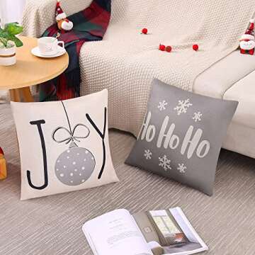 Jelomax Grey Christmas Throw Pillow Covers Decorative Xmas Gray Farmhouse Snowflake Joy Decorations 18x18 Inches Set of 4 Decor for Merry Christmas Winter Holiday Bed Home Couch Sofa Living Room