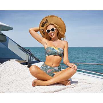 OMKAGI Women Bandeau Swimsuit Plant Floral Cheeky High Cut Thong Bikini Set(M,Green Floral-4405)