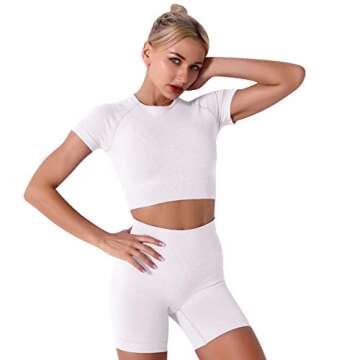 Women's Seamless Yoga Outfits 3 Pieces Workout Short Sleeve Crop Top + Camisole Tank Sports Bra + High Waisted Running Shorts Sets Biker Activewear Athletic Fitness Tracksuit Gym Clothes White Small