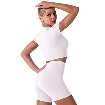Women's Seamless Yoga Outfits 3 Pieces Workout Short Sleeve Crop Top + Camisole Tank Sports Bra + High Waisted Running Shorts Sets Biker Activewear Athletic Fitness Tracksuit Gym Clothes White Small