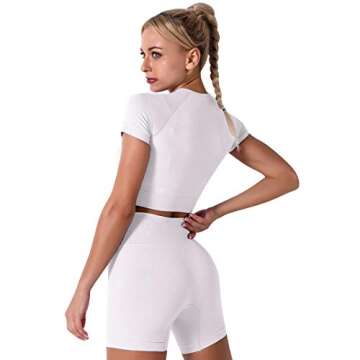 Women's Seamless Yoga Outfits 3 Pieces Workout Short Sleeve Crop Top + Camisole Tank Sports Bra + High Waisted Running Shorts Sets Biker Activewear Athletic Fitness Tracksuit Gym Clothes White Small