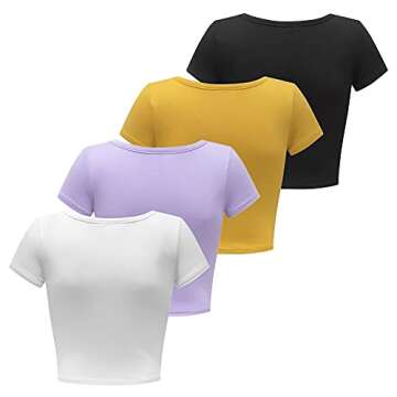 Formeet17 Women’s 4 Pieces Basic Crop Tops Scoop Neck Cap Sleeve Shirts (Small, Black/Light Purple/Dark Yellow/White)