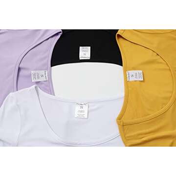 Formeet17 Women’s 4 Pieces Basic Crop Tops Scoop Neck Cap Sleeve Shirts (Small, Black/Light Purple/Dark Yellow/White)