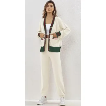ETCYY NEW Women's 2 Piece Outfit Lounge Set Trendy Cardigan Sweater Pants Sets V Neck Button Pocket Knit Matching Loungewear (Contrast White, S)