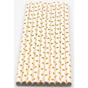 Pack of 300 Gold Polka Dot Foil Biodegradable 4-Ply Paper Drinking Straws (Compostable, Non-toxic, B...