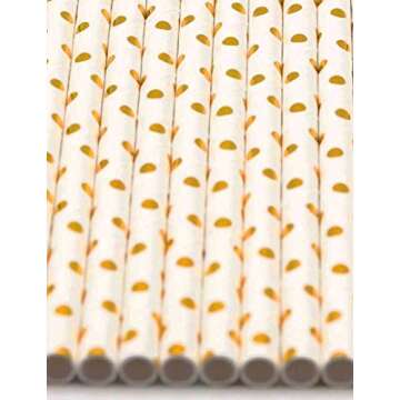 Pack of 300 Gold Polka Dot Foil Biodegradable 4-Ply Paper Drinking Straws (Compostable, Non-toxic, BPA-free)