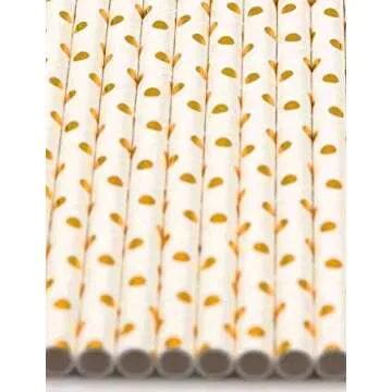 Pack of 300 Gold Polka Dot Foil Biodegradable 4-Ply Paper Drinking Straws (Compostable, Non-toxic, BPA-free)