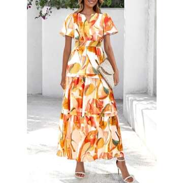 PRETTYGARDEN Women's Summer Boho Maxi Dresses Floral Short Sleeve V Neck A Line Tiered Ruffle Flowy ...