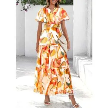 PRETTYGARDEN Women's Summer Boho Maxi Dresses Floral Short Sleeve V Neck A Line Tiered Ruffle Flowy ...