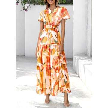 PRETTYGARDEN Women's Summer Boho Maxi Dresses Floral Short Sleeve V Neck A Line Tiered Ruffle Flowy Long Beach Vacation Dress (Pink Watercolour,X-Large)