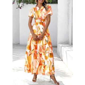 PRETTYGARDEN Women's Summer Boho Maxi Dresses Floral Short Sleeve V Neck A Line Tiered Ruffle Flowy Long Beach Vacation Dress (Pink Watercolour,X-Large)