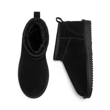 DREAM PAIRS Ankle Winter Mini Boots for Women Genuine Suede Faux Fur Lining Water Resistant Warm Snow Boots Slip On Memory Foam Comfort Booties FuzzyClassic,Size 5,Black,SDSB2405W