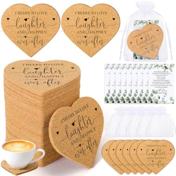 Uiifan 50 Set Wedding Favors for Guest Coaster Gifts Bulk Heart Shaped Coasters Thank You Cards Orga...