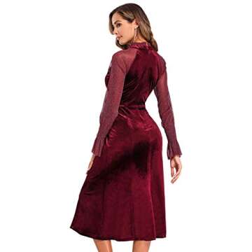 Velvet Formal Dress Lace Splicing Glitter Gowns,Burgundy,M