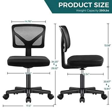 DUMOS Armless Desk Wheels Cute Home Office Chairs, Ergonomic Adjustable Swivel Rolling Task, Comfy Mesh Mid Back Computer Work Vanity Chair for Small Spaces, Classic Black
