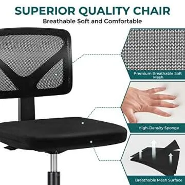 DUMOS Armless Desk Wheels Cute Home Office Chairs, Ergonomic Adjustable Swivel Rolling Task, Comfy Mesh Mid Back Computer Work Vanity Chair for Small Spaces, Classic Black