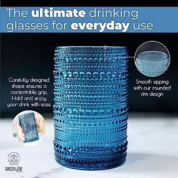 Greenline Goods Hobnail Drinking Glasses - Blue 12 oz Thick Modern Kitchen Glassware Set - Unique Vintage Bubble Cocktails Or Modern Bar - Set of 4 - Old Fashioned Beverage Glasses For Tabletop