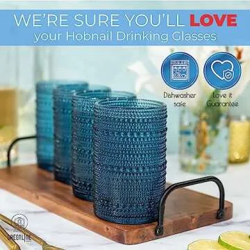 Greenline Goods Hobnail Drinking Glasses - Blue 12 oz Thick Modern Kitchen Glassware Set - Unique Vintage Bubble Cocktails Or Modern Bar - Set of 4 - Old Fashioned Beverage Glasses For Tabletop