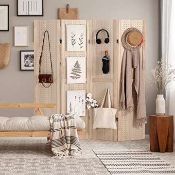 Wnutrees 4 Panel Pegboard Display, 5 Ft Wood Folding Privacy Screens Room Divider, Jewelry Display P...