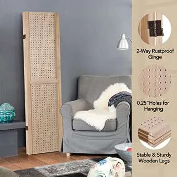 Wnutrees 4 Panel Pegboard Display, 5 Ft Wood Folding Privacy Screens Room Divider, Jewelry Display Panels for Craft/Art Shows, Retail, Events, Pegboard Wall Organizer (Nautral)