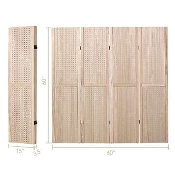 Wnutrees 4 Panel Pegboard Display, 5 Ft Wood Folding Privacy Screens Room Divider, Jewelry Display Panels for Craft/Art Shows, Retail, Events, Pegboard Wall Organizer (Nautral)