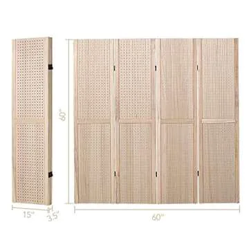 Wnutrees 4 Panel Pegboard Display, 5 Ft Wood Folding Privacy Screens Room Divider, Jewelry Display Panels for Craft/Art Shows, Retail, Events, Pegboard Wall Organizer (Nautral)