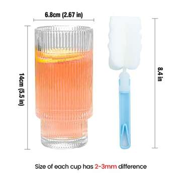 VKDONE Ribbed Drinking Glasses, Ribbed Glassware Set of 2, 12 oz Origami Style Glass Cups Vintage Glassware, Heavy, Ridged Glass for Juice, Iced Coffee, Tea, Cocktail, Whiskey, Beer