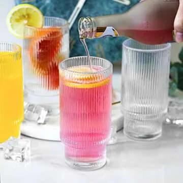 VKDONE Ribbed Drinking Glasses, Ribbed Glassware Set of 2, 12 oz Origami Style Glass Cups Vintage Glassware, Heavy, Ridged Glass for Juice, Iced Coffee, Tea, Cocktail, Whiskey, Beer