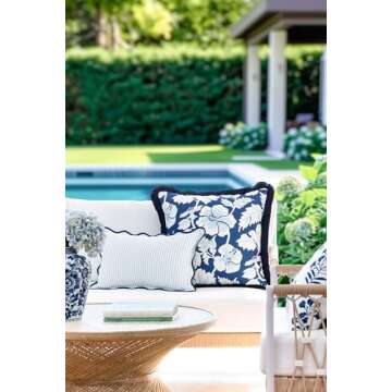 Hofdeco Premium Coastal Patio Indoor Outdoor Scalloped Lumbar Pillow Cover Only, 12"x20" Water Repel...