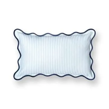 Hofdeco Premium Coastal Patio Indoor Outdoor Scalloped Lumbar Pillow Cover Only, 12"x20" Water Repellent for Backyard, Couch, Baby Blue Print Stripes