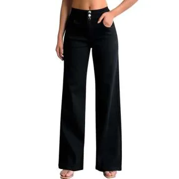roswear Women’s Wide Leg Jeans Casual High Waisted Stretch Baggy Loose Denim Pants Black Medium