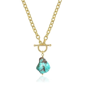 Aobei Pearl Large Irregular Turquoise Pendant Necklace Dainty 18K Gold Chunky Oval Link Chain with O...