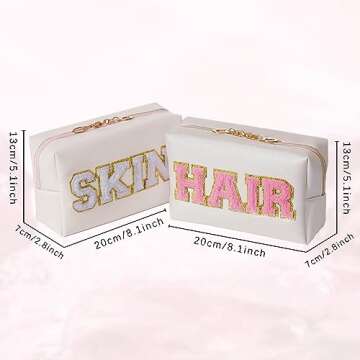 COSHAYSOO 2 Pieces Preppy Patch Makeup Bags Chenille Letter Cosmetic Pouch Gifts for Teen Girls Wome...