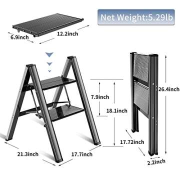 2 Step Ladder Folding Ladder Stool Portable Storage Rack Lightweight Aluminum Wide Anti Slip Pedal Multifunctional Household Adults Stepladder Black 330lb
