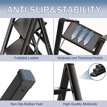 2 Step Ladder Folding Ladder Stool Portable Storage Rack Lightweight Aluminum Wide Anti Slip Pedal Multifunctional Household Adults Stepladder Black 330lb