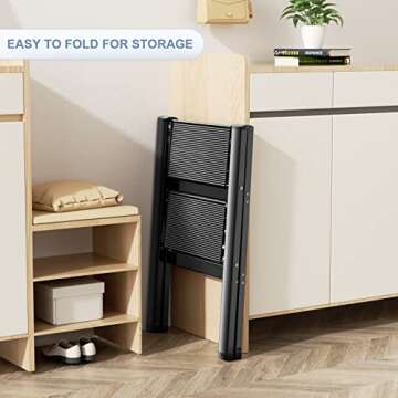 2 Step Ladder Folding Ladder Stool Portable Storage Rack Lightweight Aluminum Wide Anti Slip Pedal Multifunctional Household Adults Stepladder Black 330lb