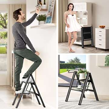 2 Step Ladder Folding Ladder Stool Portable Storage Rack Lightweight Aluminum Wide Anti Slip Pedal Multifunctional Household Adults Stepladder Black 330lb