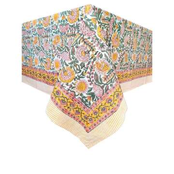 ATOSII Clover Yellow 100% Cotton Rectangle Fall Tablecloth, Handblock Floral Print Linen Table Cloth...