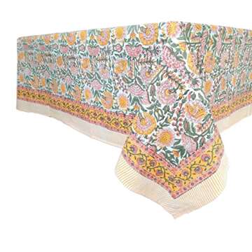 ATOSII Clover Yellow 100% Cotton Rectangle Fall Tablecloth, Handblock Floral Print Linen Table Cloth for Kitchen Dining I Parties, Weddings, Outdoors, Christmas, Thanksgiving Decor 60 X 108 Inches