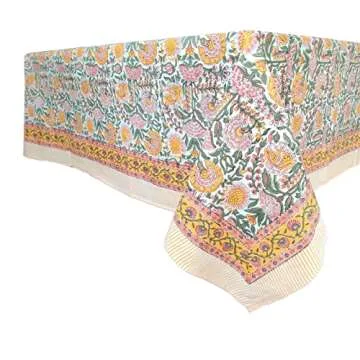 ATOSII Clover Yellow 100% Cotton Rectangle Fall Tablecloth, Handblock Floral Print Linen Table Cloth for Kitchen Dining I Parties, Weddings, Outdoors, Christmas, Thanksgiving Decor 60 X 108 Inches