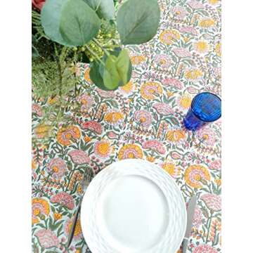 ATOSII Clover Yellow 100% Cotton Rectangle Fall Tablecloth, Handblock Floral Print Linen Table Cloth for Kitchen Dining I Parties, Weddings, Outdoors, Christmas, Thanksgiving Decor 60 X 108 Inches