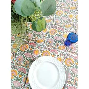 ATOSII Clover Yellow 100% Cotton Rectangle Fall Tablecloth, Handblock Floral Print Linen Table Cloth for Kitchen Dining I Parties, Weddings, Outdoors, Christmas, Thanksgiving Decor 60 X 108 Inches