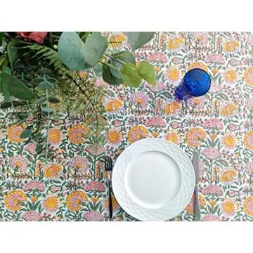 ATOSII Clover Yellow 100% Cotton Rectangle Fall Tablecloth, Handblock Floral Print Linen Table Cloth for Kitchen Dining I Parties, Weddings, Outdoors, Christmas, Thanksgiving Decor 60 X 108 Inches