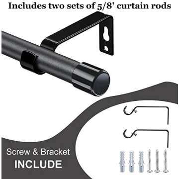5/8 Inch Curtain Rods for Windows, 30-48 inch Small Curtain Rod Set, Heavy Duty Drapery Adjustable Rods with Brackets for Room Divider, Living room, Kitchen, Bathroom, Black