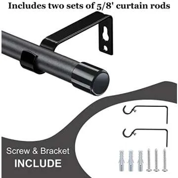 5/8 Inch Curtain Rods for Windows, 30-48 inch Small Curtain Rod Set, Heavy Duty Drapery Adjustable Rods with Brackets for Room Divider, Living room, Kitchen, Bathroom, Black