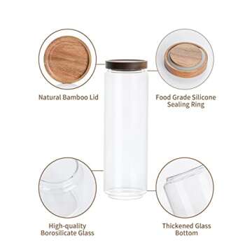 Kanwone Airtight Food Storage Containers with Bamboo lids set of 5, Stackable Food Storage Containers, Glass Canisters for Pantry, kitchen, Flour, Sugar, Tea, Coffee, Pasta, Cookies, Rice and Spice