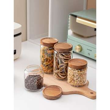 Kanwone Airtight Food Storage Containers with Bamboo lids set of 5, Stackable Food Storage Containers, Glass Canisters for Pantry, kitchen, Flour, Sugar, Tea, Coffee, Pasta, Cookies, Rice and Spice