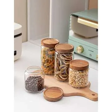 Kanwone Airtight Food Storage Containers with Bamboo lids set of 5, Stackable Food Storage Containers, Glass Canisters for Pantry, kitchen, Flour, Sugar, Tea, Coffee, Pasta, Cookies, Rice and Spice